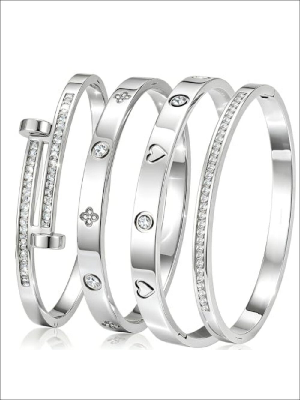 18K Gold Plated Stainless Steel Bangle Bracelets Stackable Set 4 Womens